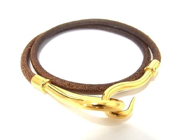 1円 ■美品■ HERMES エルメス ジャンボ レザー ゴールド金具 2連 ブレスレット アクセサリー ブラウン系×ゴールド系 AP7877