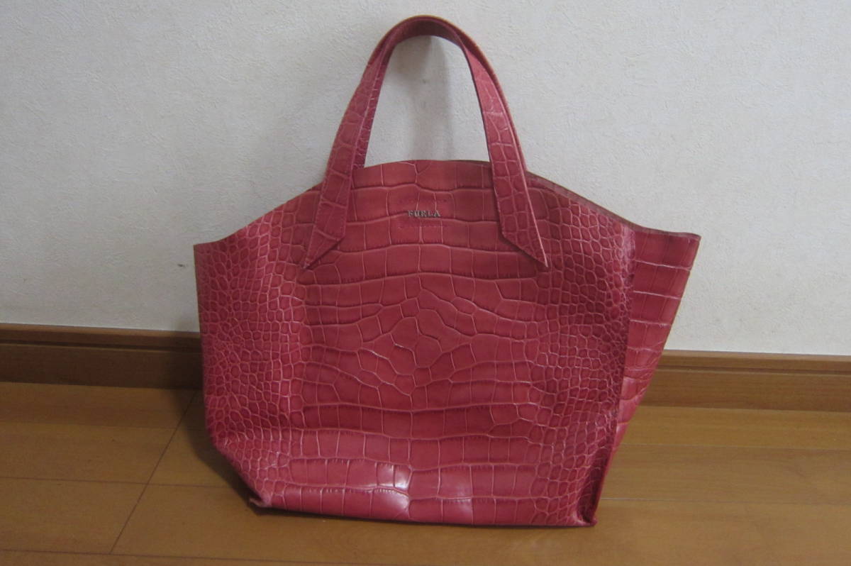 FURLA フルラ かばん トートバッグ クロコダイル型押し 赤系 O2310A