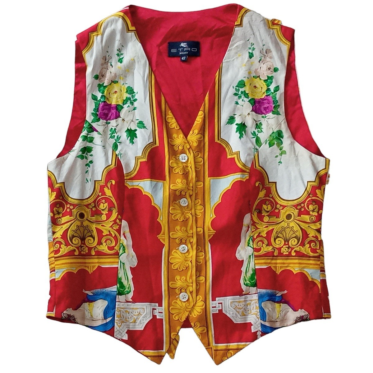 即決★ETRO エトロ シルク 総柄 ベスト 42 ジレ イタリア製 絹【送料無料】