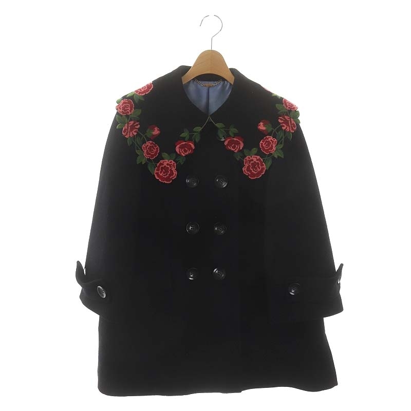 ロイスクレヨン Lois CRAYON 受注 ローズ刺繍 Pコート アウター ウール M 黒 赤 緑 /MI ■OS レディース