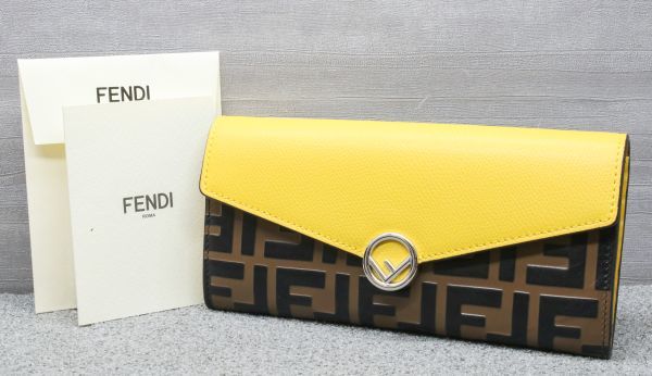 美品 フェンディ 8M0251 二つ折り長財布 イエロー エフ イズ ズッカ レザー FENDI