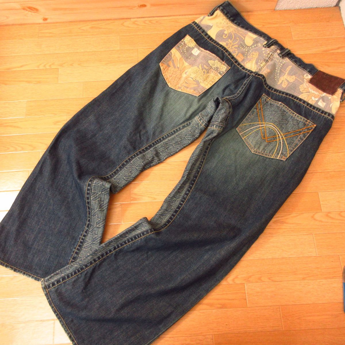 ◎MIZRA みずら ミズラ◆デニムパンツ ストレート 和柄 ヴィンテージ加工◆メンズ 紺 W36インチ◆P3073