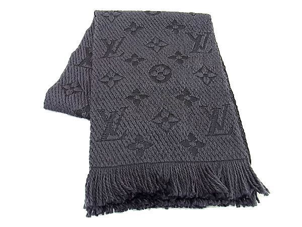 1円 ■美品■ LOUIS VUITTON ルイヴィトン M72432 エシャルプ ロゴマニア ウール×シルク フリンジ マフラー ストール グレー系 BE5761