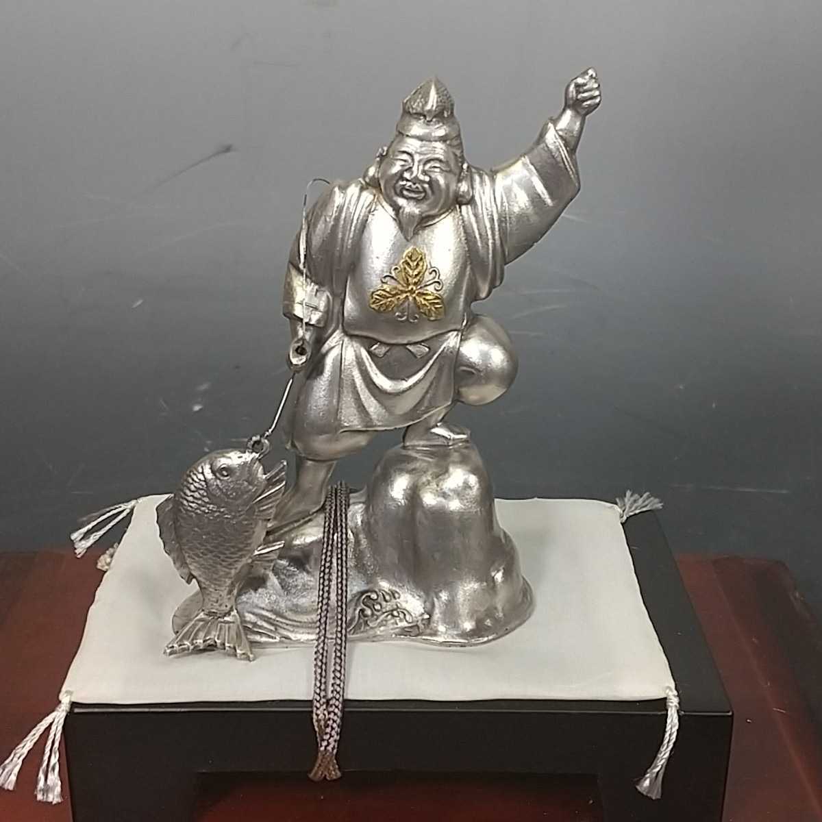 970 同梱NG 純銀 刻印 恵比寿 置物 ガラスケース 七福神 縁起物 銀細工