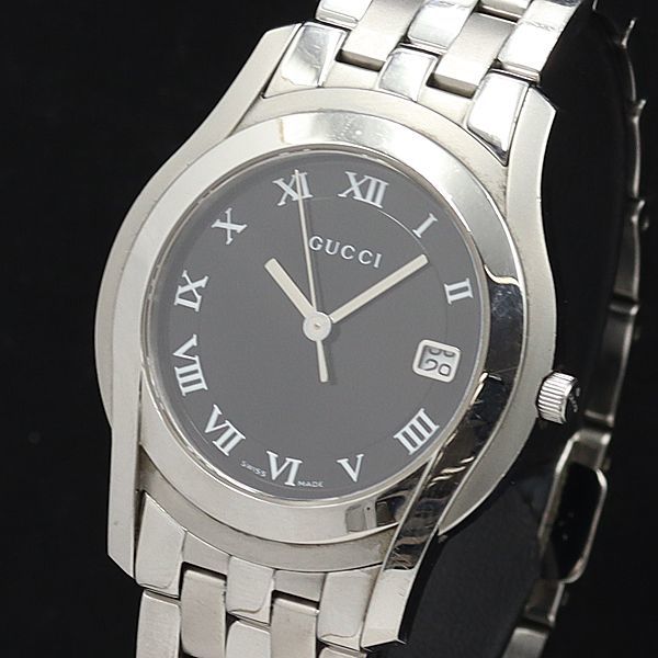 1円 稼働 良品 グッチ QZ 5500M デイト ローマン ラウンド 黒文字盤 メンズ腕時計 2470100YSD