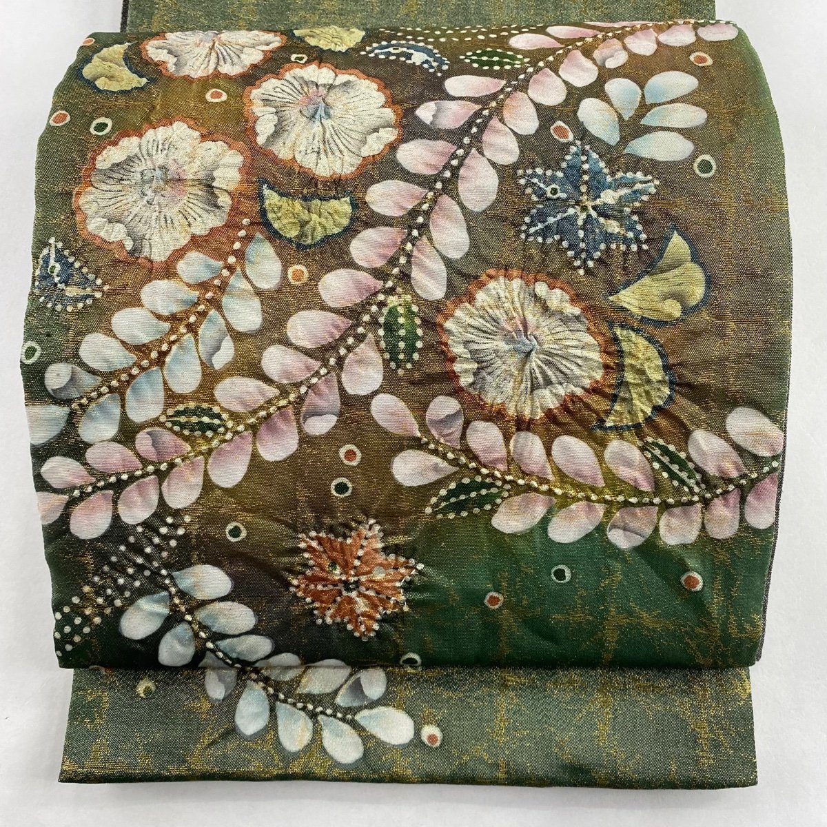 袋帯 美品 秀品 落款 辻が花 金糸 箔 緑 お太鼓柄 正絹 【中古 