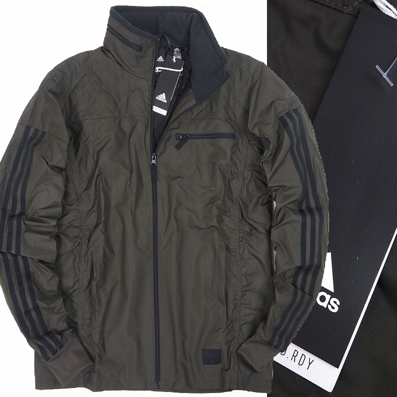 P502 新品 アディダス 裏起毛 ウ―ブン スタンドカラー ジャケット ブルゾン 防風 保温 ゴルフ adidas 秋冬 3ストライプス (サイズ:L)