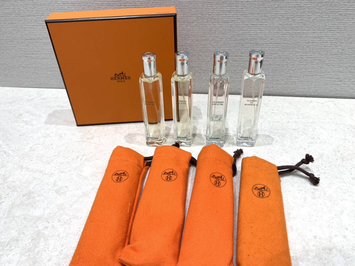 M2048　HERMES エルメス UN JARDIN SUR LE NIL / LE JARDIN DE MONSIEUR LI オードトワレ 香水 15ml×4本セット 保存袋 箱付