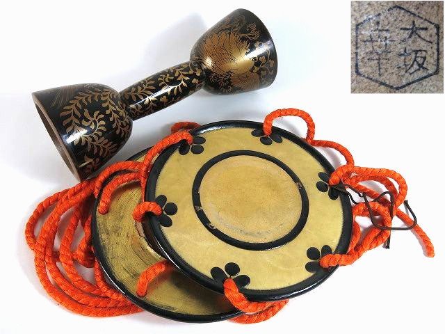 小鼓胴と皮一組 鳳凰に桐蒔絵胴 江戸中期頃 W306 F