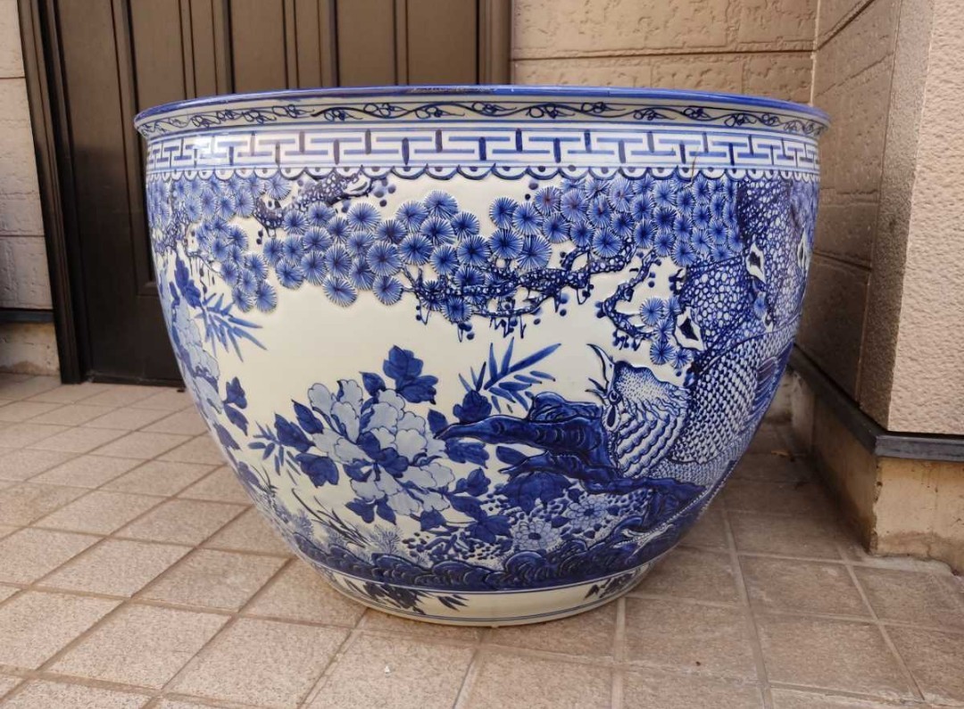 特大メダカ鉢 直径65cm 染付 景徳鎮 火鉢 花鳥文 睡蓮鉢 ◎ 大型 中国