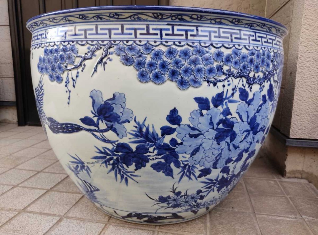 特大メダカ鉢 直径65cm 染付 景徳鎮 火鉢 花鳥文 睡蓮鉢 ◎ 大型 中国