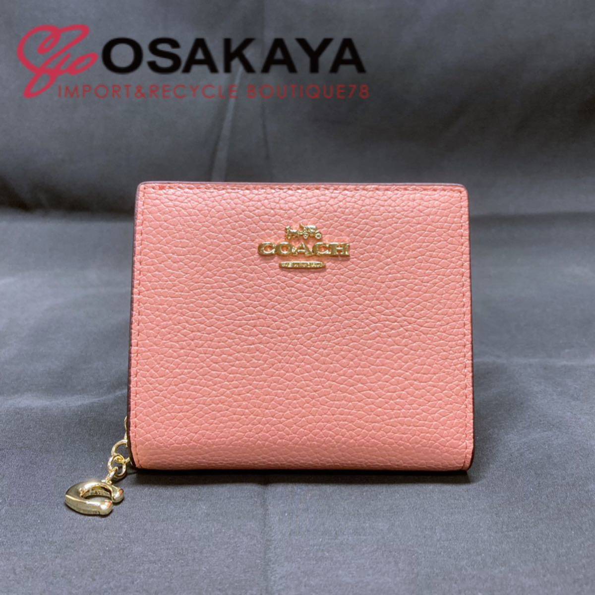未使用 COACH コンパクトウォレット C2862 レザー ピンク レディース コーチ 財布 二つ折り スナップボタン ファスナー ゴールド金具