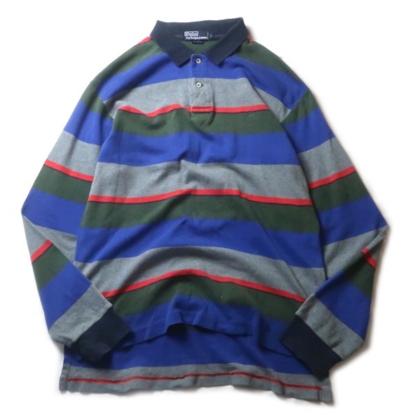 定番人気，限定SALE 好配色 90s Ralph Lauren ラルフローレン ロゴ刺繍 マルチボーダー柄 長袖 ラガーシャツ ブルー カーキ グレー レッド Lサイズ メンズ(Lサイズ)｜売買されたオークション情報、yahooの商品情報をア 男性用
