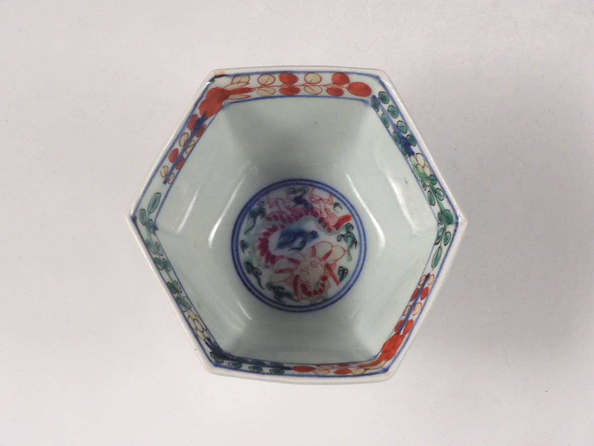 ○栄○中国 明代 五彩 色絵 人物 龍 花草文 六角 向付 5客