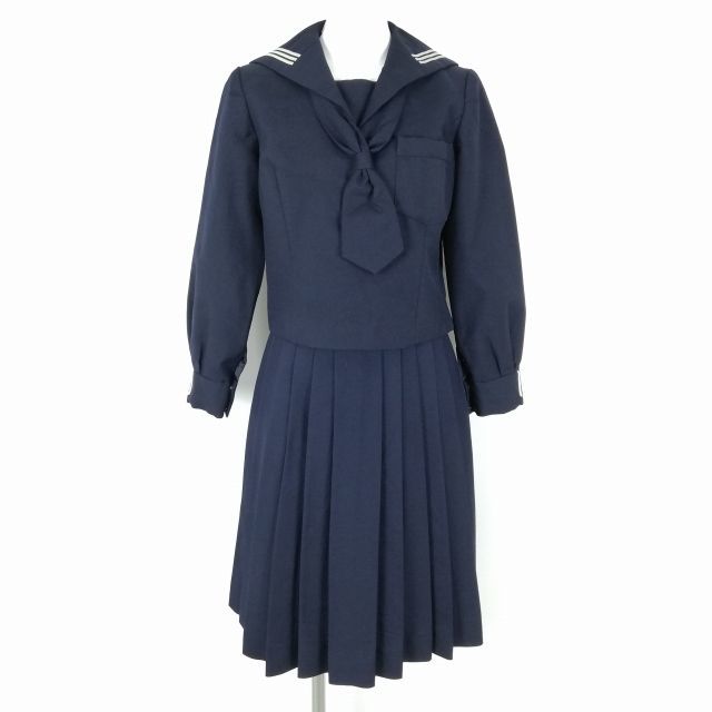 1円 セーラー服 スカート ネクタイ 上下3点セット 指定 150A 冬物 白3本線 女子 学生服 東京川村学園中学高校 紺 制服 中古 ランクB NA2625
