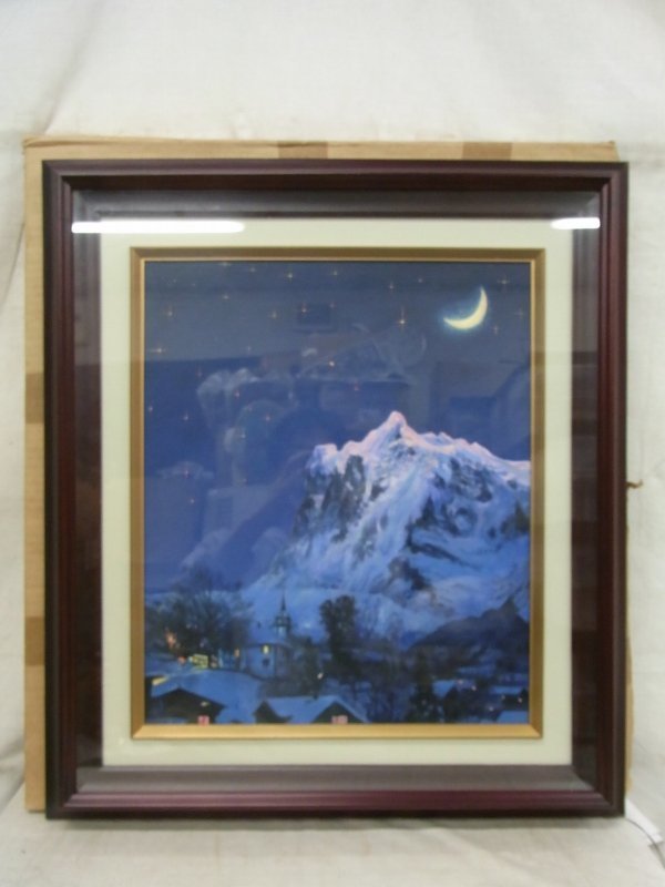 油絵 F8 前面ガラスり ☆「湖畔の風景」 65cm×58cm アルミ額縁 ◇一