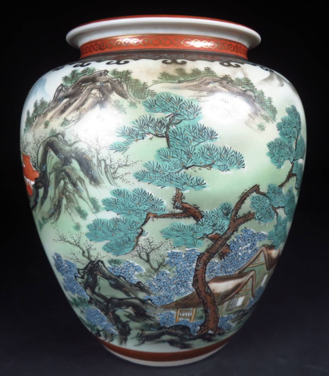 九谷焼 錦山窯 金彩色絵楼閣山水風景図壺 高さ20.5cm 九谷焼 祥文 金