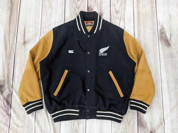 17．CANTERBURY カンタベリー ALL BLACKS 羊革 ラムレザースキン切替 ウールスタジャン　メンズ 40”-100cm 黒白キャメルy205