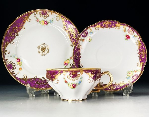 オールドノリタケ 紫帯 金盛 金彩 ジュエル装飾 薔薇ガーランド キャビネットトリオ カップソーサー 明治 a10027