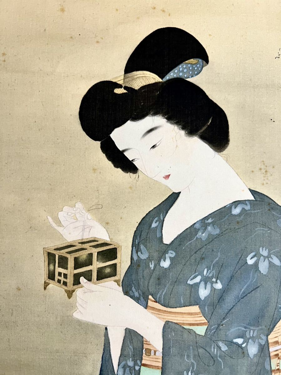 不明] [絵画] 在銘 楓海「蛍と美人」絹本 浮世絵 美人画 ほたる 鳥獣