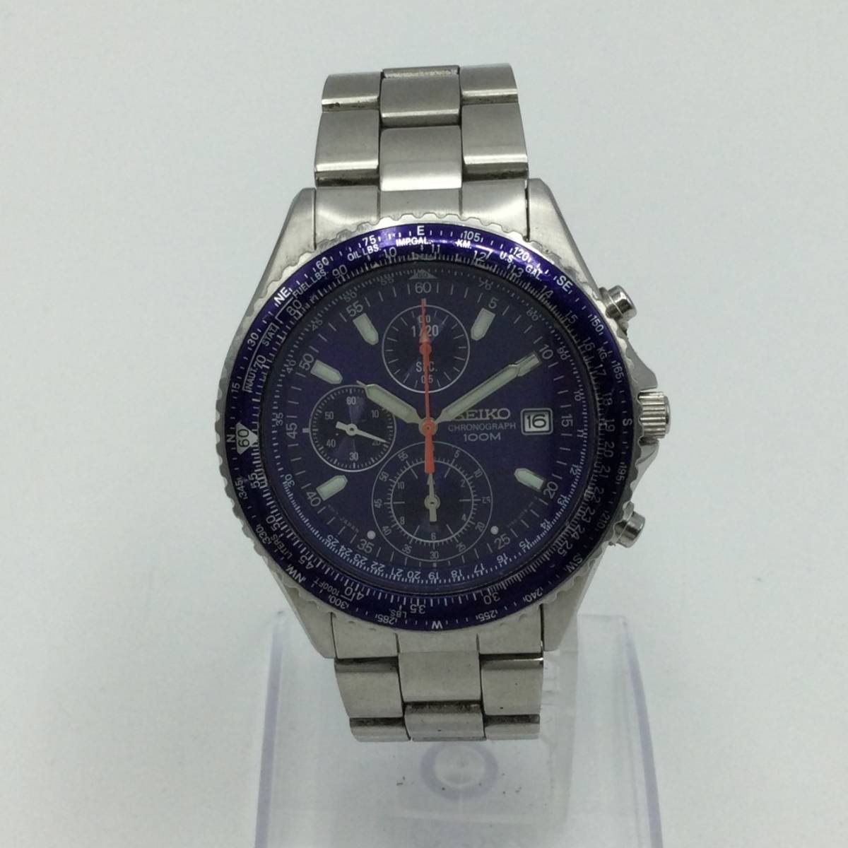 J9 ☆【QZ/不動品】SEIKO セイコー 7T92-0CF0 クロノグラフ 100M 青 