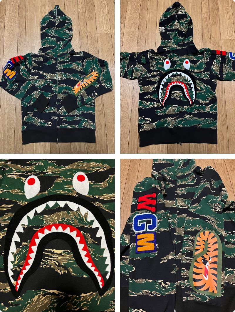 ★S★　OG Vintage NIGO BAPE エイプ　ベイプ　Tiger Camo EMBROIDERY Shark zip hoodie　タイガー　シャーク　パーカー　フーディー　迷彩