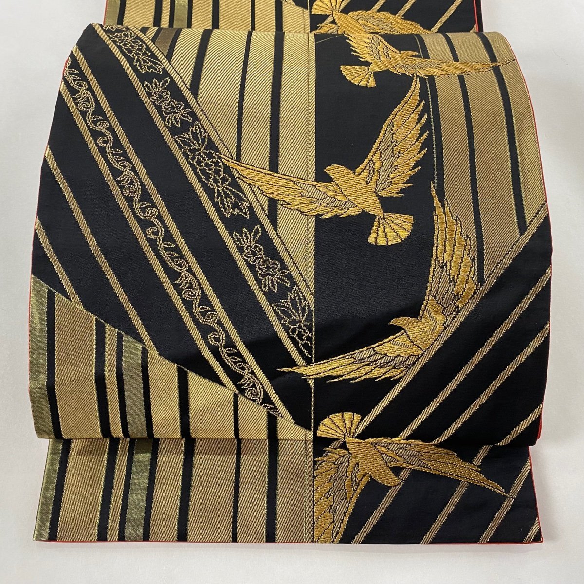 袋帯 美品 秀品 落款 縞 金糸 茶紫 全通 正絹 【中古】 【公式通販】