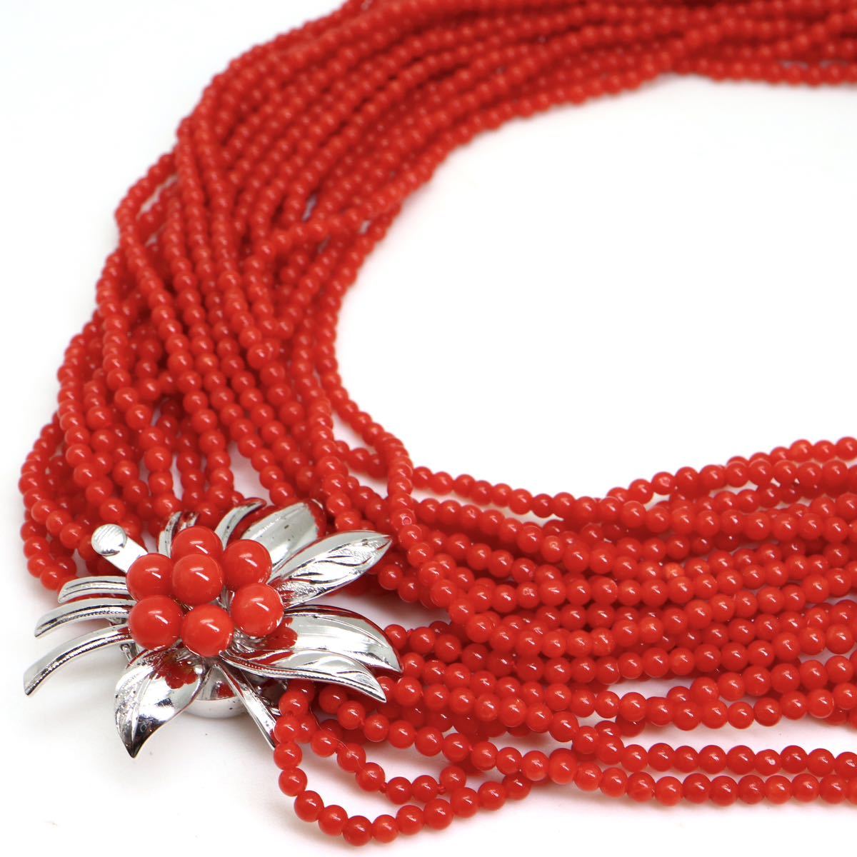 ●天然本珊瑚10連ロングネックレス●n 74.4g 73cm coral necklace silver ジュエリー DC0/DE0