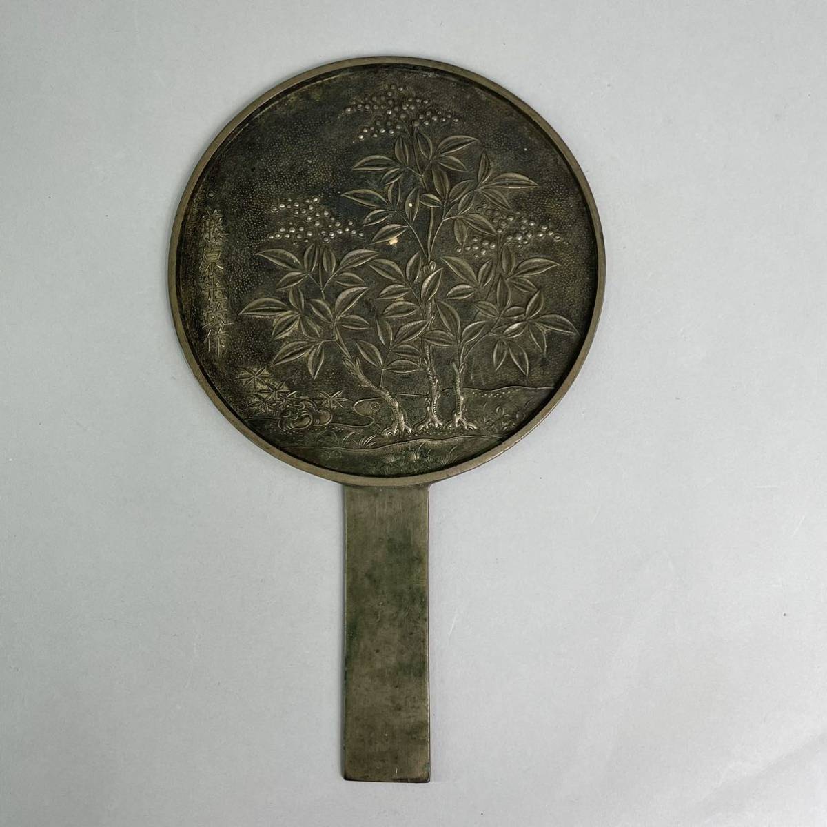 時代物 古鏡 銅鏡 銅製鏡 藤原光政 青山吉信 手鏡 骨董品 2点セット 箱