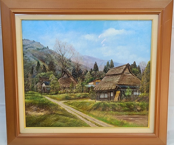 細川進 「湖北風景」マキノ町在原 油彩画 F10号 絵画 油絵 額装 元陽会