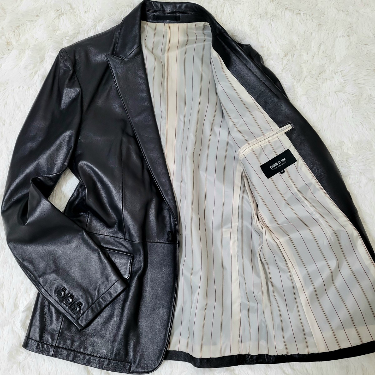【未使用級】COMME CA ISM コムサイズム テーラードジャケット レザージャケット ラムレザー 羊革 裏地 ストライプ ブラック 黒 メンズ