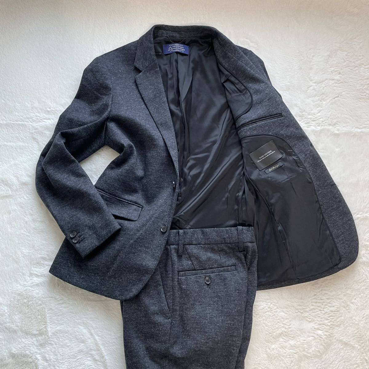 【美品】NANO UNIVERSE ナノユニバース Damerino ダメリーノ スーツ セットアップ ウール M グレー系 本切羽 ストレッチ ビジネス