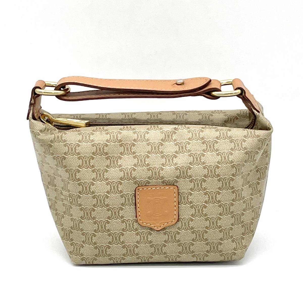 1円 美品 CELINE セリーヌ マカダム ブラゾンロゴ ブラウン ベージュ バニティポーチ アクセサリーポーチ ゴールド金具