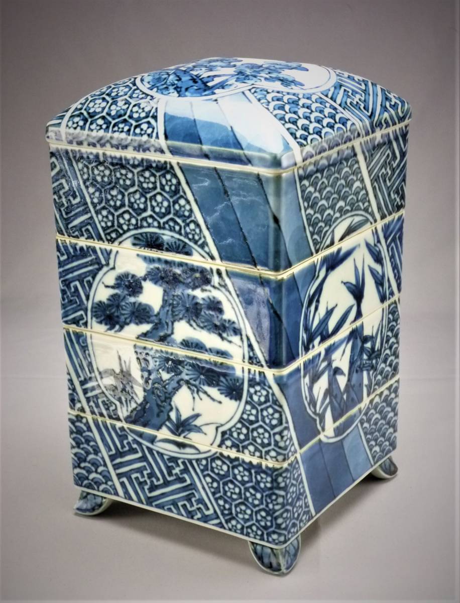 瀬戸焼古染付「松竹梅四段お重」木箱入り