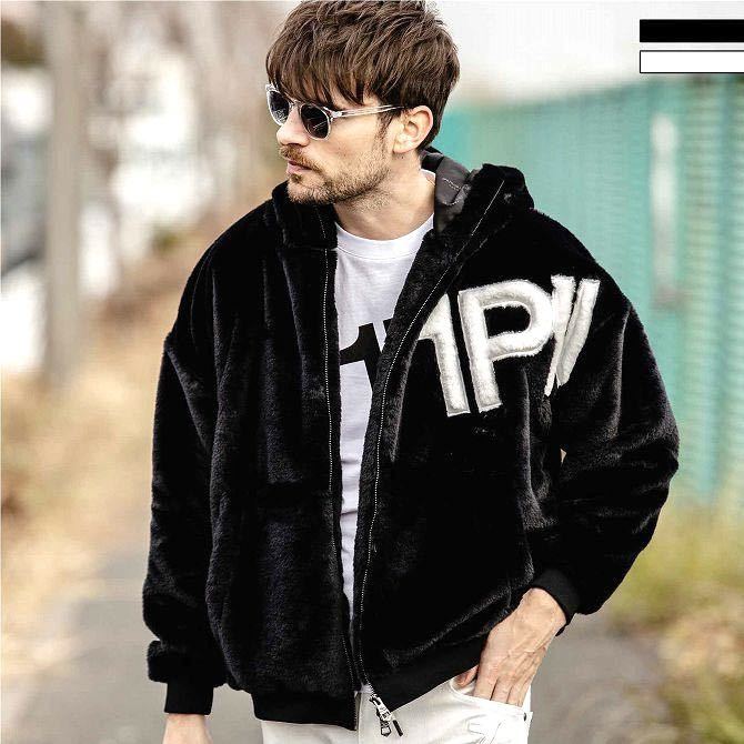 ウノピュウ ファーロゴパーカージャケット ブラック S（大きめ） メンズ ボア フード ジャケット アウター パーカー オーバーサイズ 