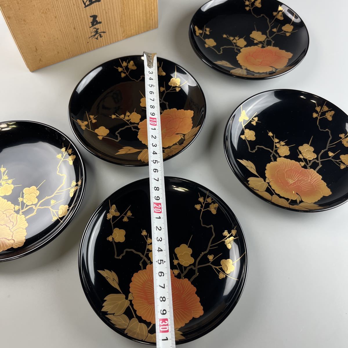輪島 平野器店 輪島塗 牡丹 金蒔絵 黒塗 銘々皿 五客 茶懐石道具 伝統 