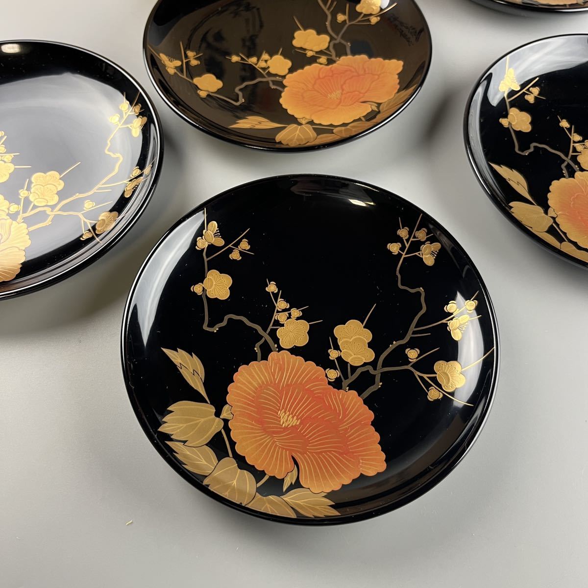 輪島 平野器店 輪島塗 牡丹 金蒔絵 黒塗 銘々皿 五客 茶懐石道具 伝統 
