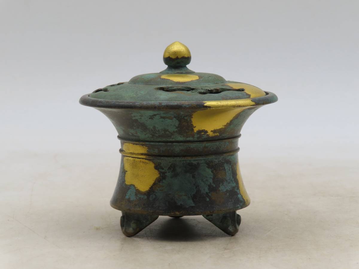 K5000 平安 蔵六 秦蔵六 瑞雲 塗金銅香炉 在銘 刻印 共箱 銅器 銅製 総