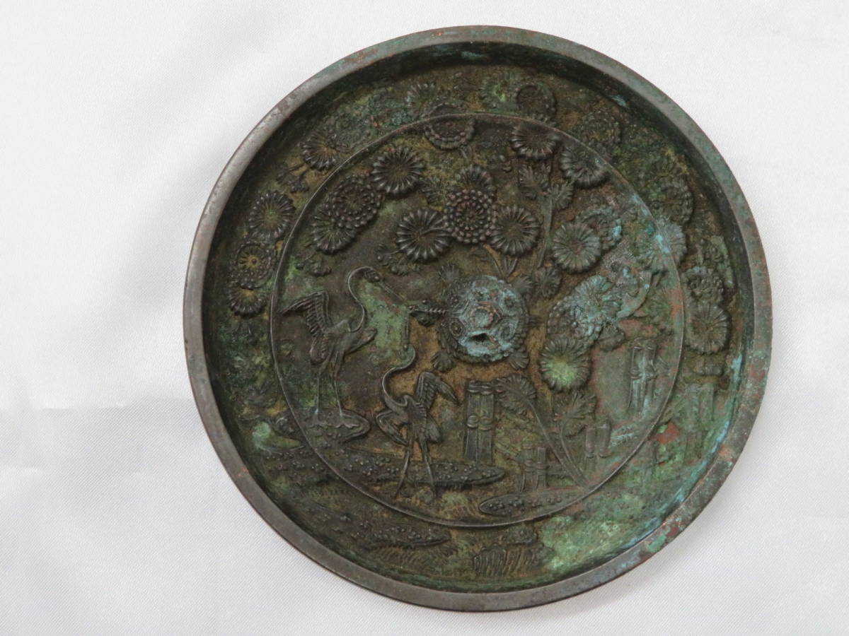 1【金属工芸】 古鏡 鶴 亀 花 図 浮彫 丸鏡 和鏡 時代物 Yahoo!