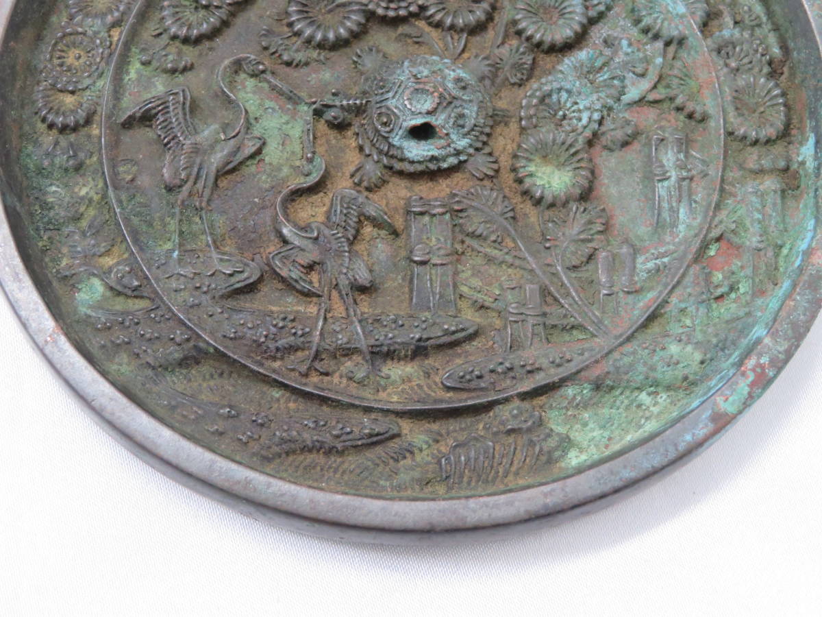 1【金属工芸】 古鏡 鶴 亀 花 図 浮彫 丸鏡 和鏡 時代物 Yahoo!