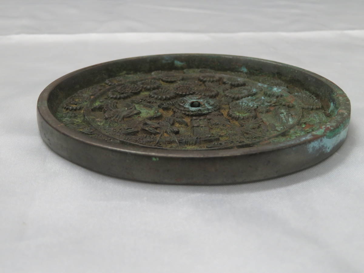 1【金属工芸】 古鏡 鶴 亀 花 図 浮彫 丸鏡 和鏡 時代物 Yahoo!