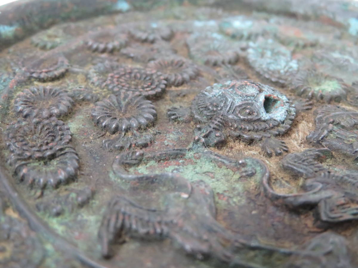 1【金属工芸】 古鏡 鶴 亀 花 図 浮彫 丸鏡 和鏡 時代物 Yahoo!