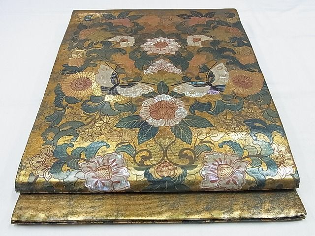 平和屋-こころ店■太鼓柄袋帯　作家物　螺鈿箔　花蝶文　金糸　正絹　逸品　B-jd4914
