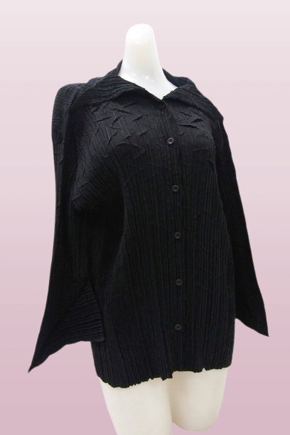 r1_4710 ★定形外 配送★ イッセイミヤケ エンジェルスリーブ プリーツ加工 カーディガン 黒/サイズ2(M相当)