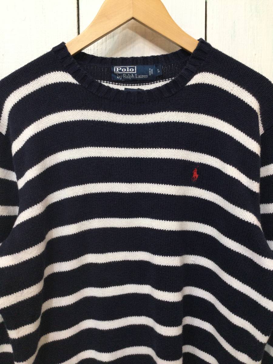 POLO Ralph Lauren ポロ ラルフローレン コットンニット セーター クルーネック ニット 胸ロゴ メンズL 良品 
