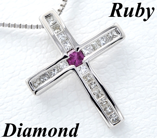 【ＤＭ】1円～天然ダイヤモンド＆ルビー/K18WG クロスネックレス