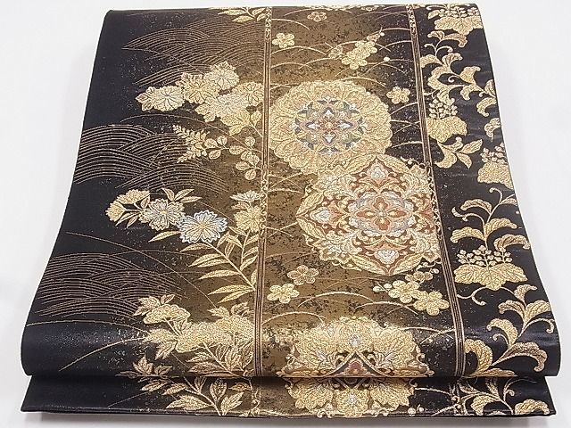 平和屋1□六通柄袋帯 宝庫蒔絵文 黒地 金銀糸 逸品 1fb0674