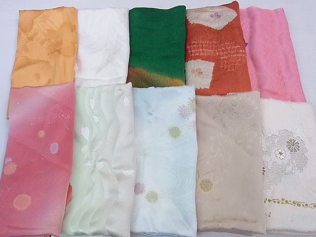 平和屋1■和装小物　上質な帯揚げ10枚セット　スワトウ刺繍　雪輪花文　地紙花文　丸文　暈し染め　金糸　逸品　ev1753