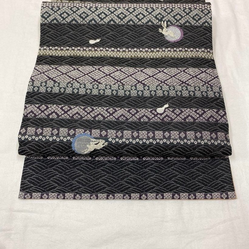 着物月花　リバーシブル　輪奈織　ウサギに瓢箪　遠山　袋帯　未使用品　六通柄　正絹　金銀糸　さが美　ガード加工　ob583　