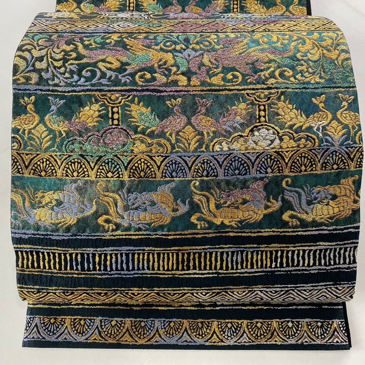 袋帯 美品 名品 やまと 動物 段縞模様 金銀糸 箔 青緑 六通
